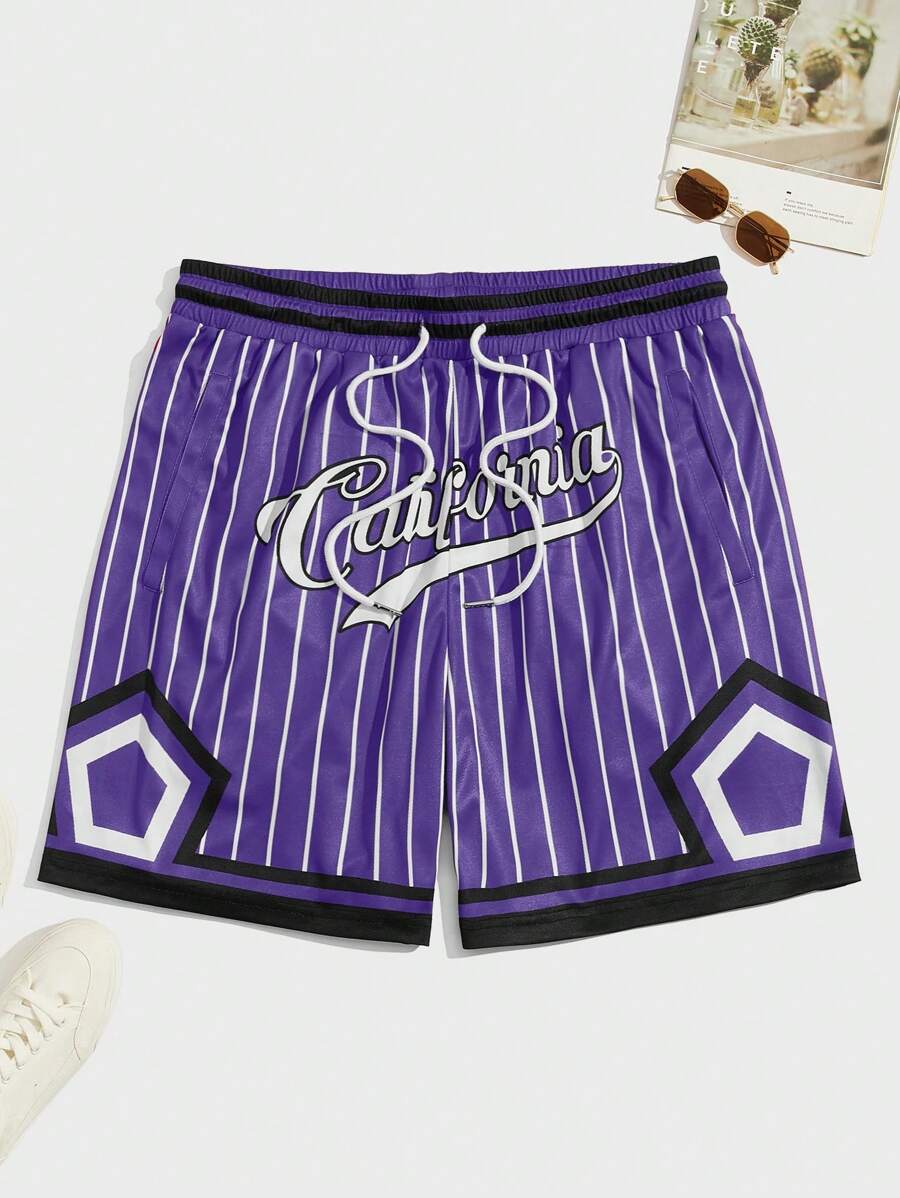Manfinity VCAY Men Striped & Letter Graphic Drawstring Waist Shorts - Purple - View 1