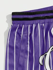 Manfinity VCAY Men Striped & Letter Graphic Drawstring Waist Shorts - Purple - View 4