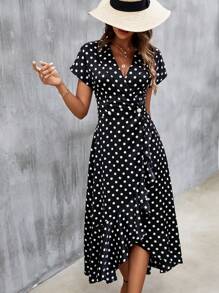 SHEIN Frenchy 波點圖案蝙蝠袖荷葉邊圍裹側連衣裙 - 黑與白 - 查看 1