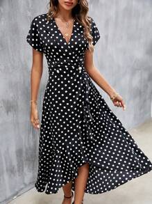 SHEIN Frenchy 波點圖案蝙蝠袖荷葉邊圍裹側連衣裙 - 黑與白 - 查看 3