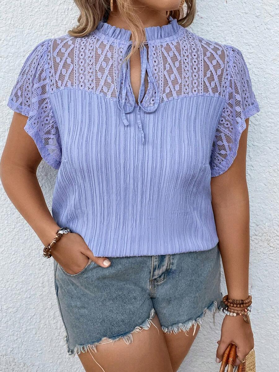 Breezaya Plus Contrast Lace Tie Neck Butterfly Sleeve Blouse - Lilac Purple - View 1
