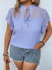 Breezaya Plus Contrast Lace Tie Neck Butterfly Sleeve Blouse - Lilac Purple - View 3