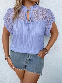 Breezaya Plus Contrast Lace Tie Neck Butterfly Sleeve Blouse - Lilac Purple - View 4