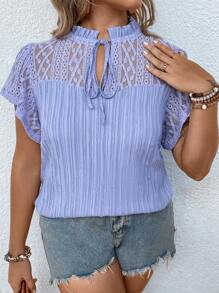 Breezaya Plus Contrast Lace Tie Neck Butterfly Sleeve Blouse - Lilac Purple - View 6