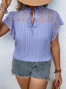 Breezaya Plus Contrast Lace Tie Neck Butterfly Sleeve Blouse - Lilac Purple - View 7