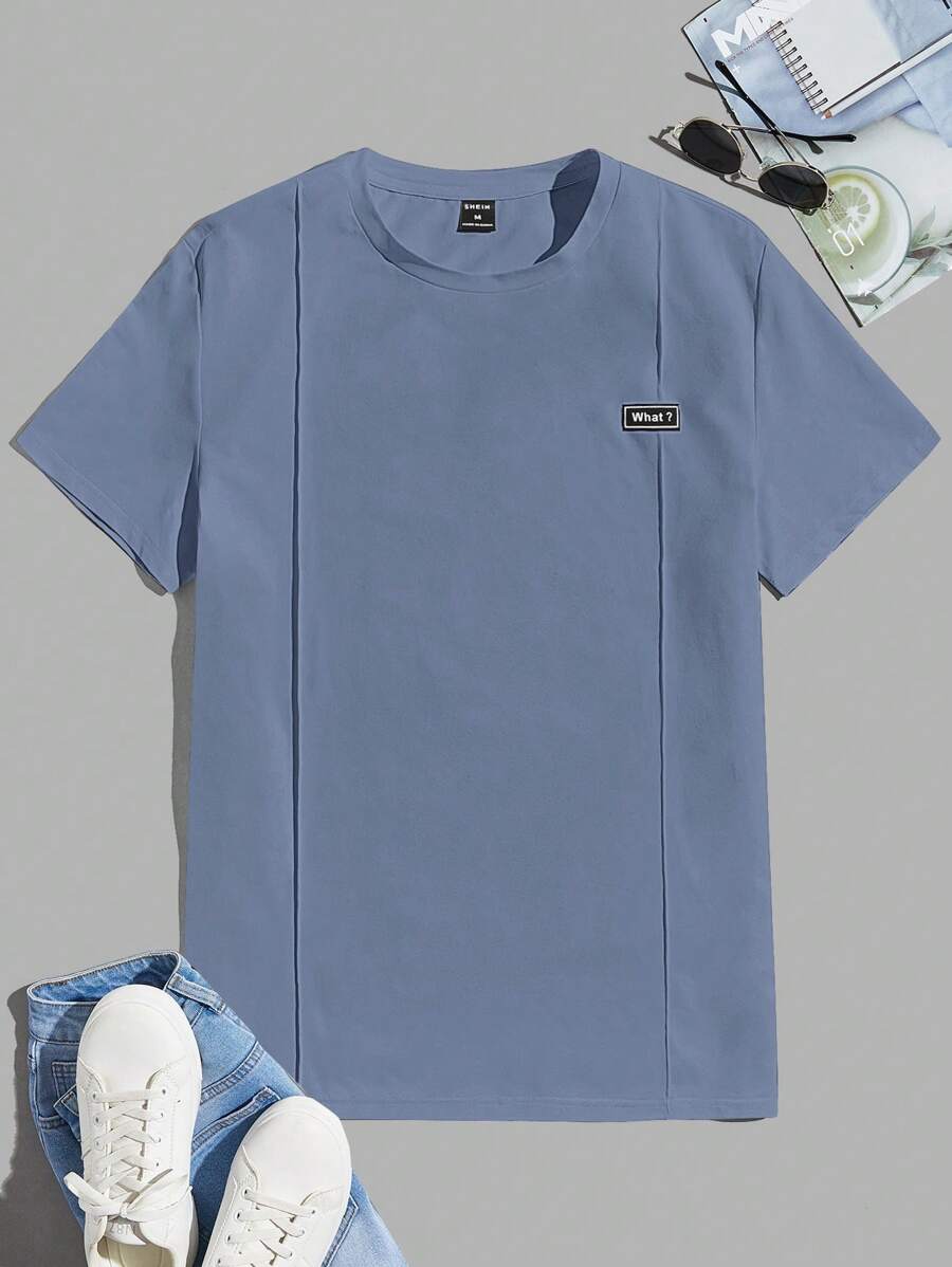 GENTILAND Men Letter Patched Seam Detail Tee - Dusty Blue - View 1