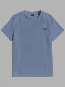 GENTILAND Men Letter Patched Seam Detail Tee - Dusty Blue - View 3
