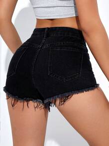 Shorts en mezclilla bajo crudo - Negro - Ver 3