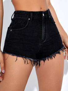 Shorts en mezclilla bajo crudo - Negro - Ver 5
