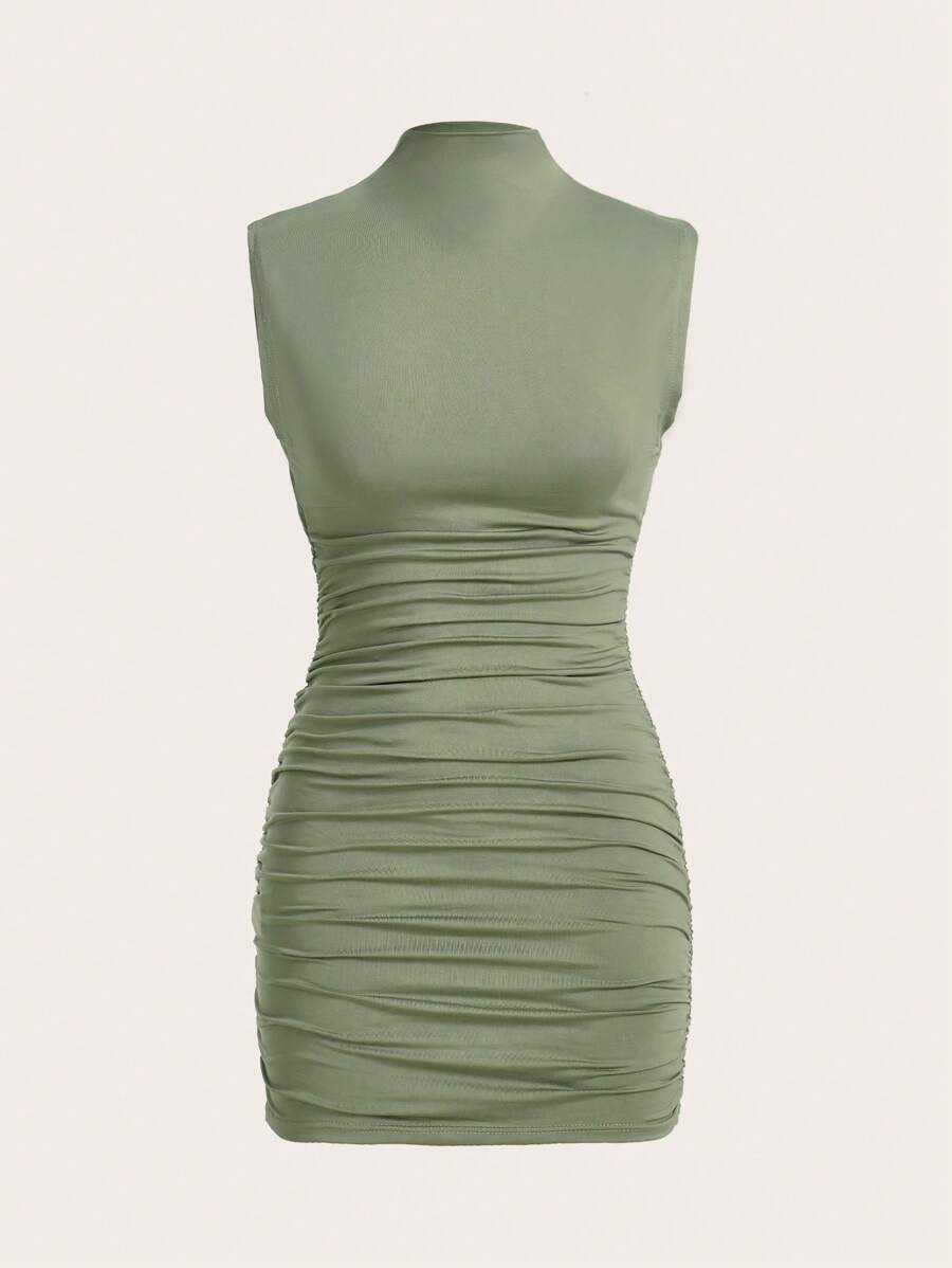 SHEIN MOD Green Mock Neck Ruched Bodycon Dress - Mint Green - View 1