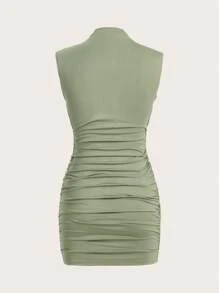 SHEIN MOD Green Mock Neck Ruched Bodycon Dress - Mint Green - View 2