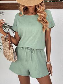 SHEIN LUNE Manches Chauve-Souris Blouse & À Nœud Short