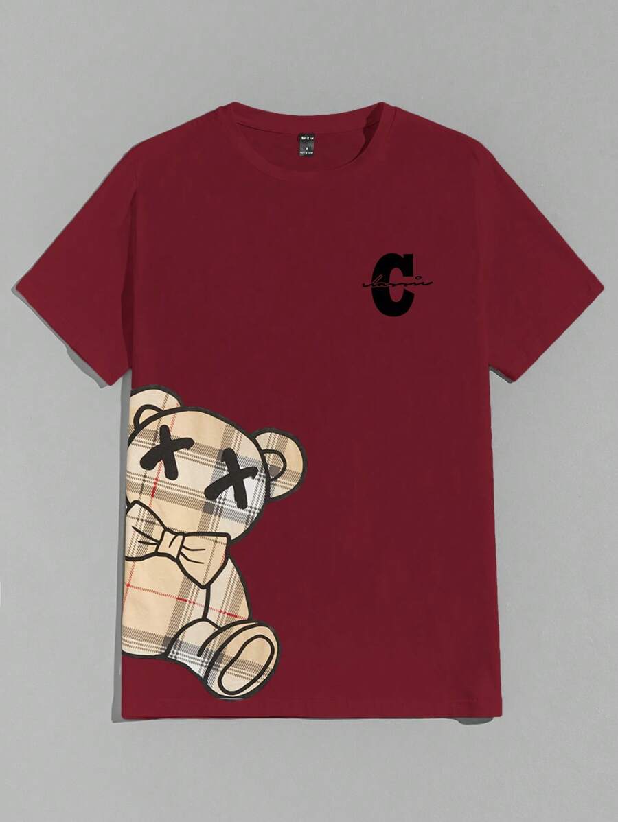 Manfinity VCAY 男士小熊印花T恤 - 酒紅色 - 查看 1