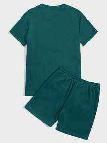 Manfinity EMRG 男士反光小熊印花T恤和腰部抽繩短褲 - 墨綠色 - 查看 2