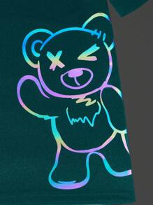 Manfinity EMRG 男士反光小熊印花T恤和腰部抽繩短褲 - 墨綠色 - 查看 4