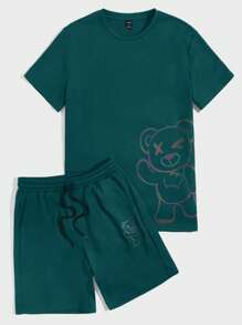 Manfinity EMRG 男士反光小熊印花T恤和腰部抽繩短褲 - 墨綠色 - 查看 5