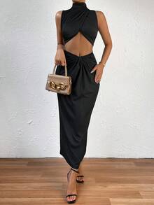 Cắt ra Mặt trước xoắn Đầm - màu đen - Xem 6