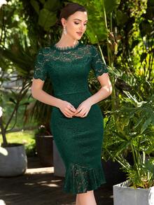 MIUSOL 魚尾裙下擺蕾絲緊身連衣裙 - 墨綠色 - 查看 4