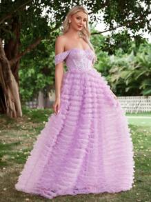 Off Shoulder Lưới tương phản Kim sa Đầm - Màu tím - Xem 1