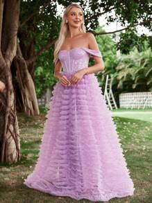 Off Shoulder Lưới tương phản Kim sa Đầm - Màu tím - Xem 3