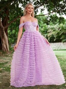 Off Shoulder Lưới tương phản Kim sa Đầm - Màu tím - Xem 4