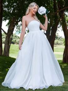 Váy cưới Lộ Lưng Pha lê kim cương Dây kéo màu trơn - trắng - Xem 5