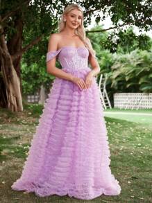 Off Shoulder Lưới tương phản Kim sa Đầm - Màu tím - Xem 5