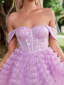 Off Shoulder Lưới tương phản Kim sa Đầm - Màu tím - Xem 6