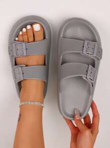 pueenb Women Buckle Decor Slippers, Fashionable Grey EVA Slides For Indoor