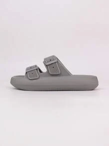 pueenb Women Buckle Decor Slippers, Fashionable Grey EVA Slides For Indoor