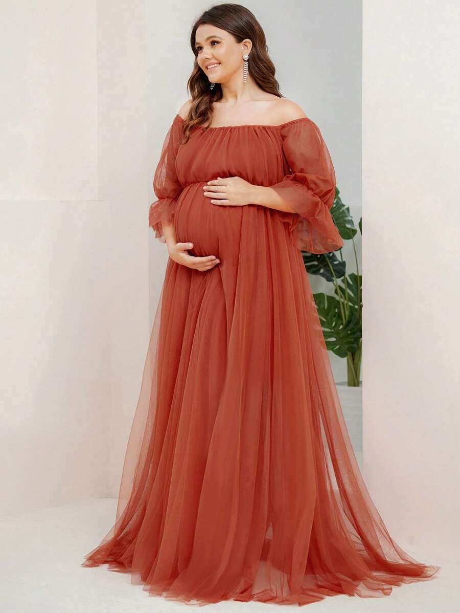 Maternity Off Shoulder Flounce Sleeve Mesh Dress - Burnt Orange - View 1