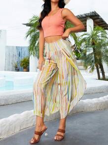 紮染高衩闊腿褲 - 黃色 - 查看 1