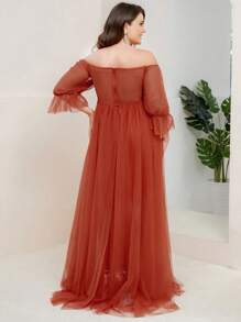 Maternity Off Shoulder Flounce Sleeve Mesh Dress - Burnt Orange - View 2