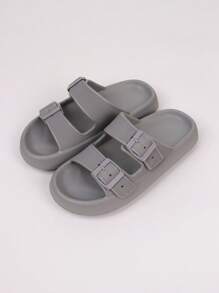 pueenb Women Buckle Decor Slippers, Fashionable Grey EVA Slides For Indoor