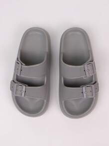 pueenb Women Buckle Decor Slippers, Fashionable Grey EVA Slides For Indoor