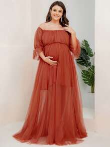Maternity Off Shoulder Flounce Sleeve Mesh Dress - Burnt Orange - View 4