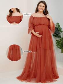 Maternity Off Shoulder Flounce Sleeve Mesh Dress - Burnt Orange - View 5