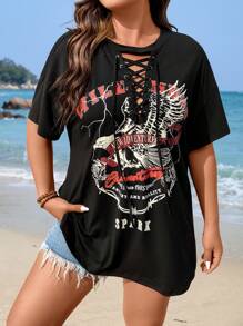 Flirla Camiseta de hombros caídos con estampado de águila y letra con cordón delantero - Negro - Ver 1