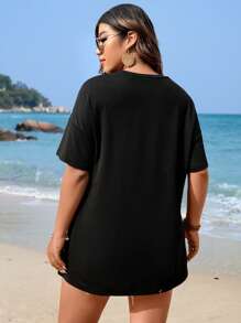 Flirla Camiseta de hombros caídos con estampado de águila y letra con cordón delantero - Negro - Ver 2