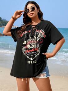 Flirla Camiseta de hombros caídos con estampado de águila y letra con cordón delantero - Negro - Ver 7