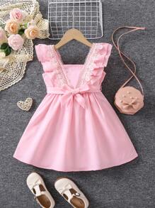 SHEIN Đầm bé gái Tương phản ren Xù màu trơn Dễ thương - Màu Hồng baby - Xem 1