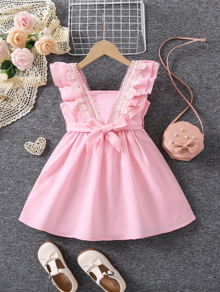 SHEIN Đầm bé gái Tương phản ren Xù màu trơn Dễ thương - Màu Hồng baby - Xem 1