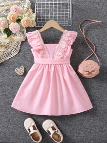 SHEIN Đầm bé gái Tương phản ren Xù màu trơn Dễ thương - Màu Hồng baby - Xem 2