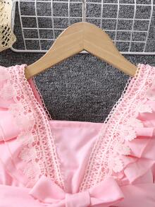 SHEIN Đầm bé gái Tương phản ren Xù màu trơn Dễ thương - Màu Hồng baby - Xem 3