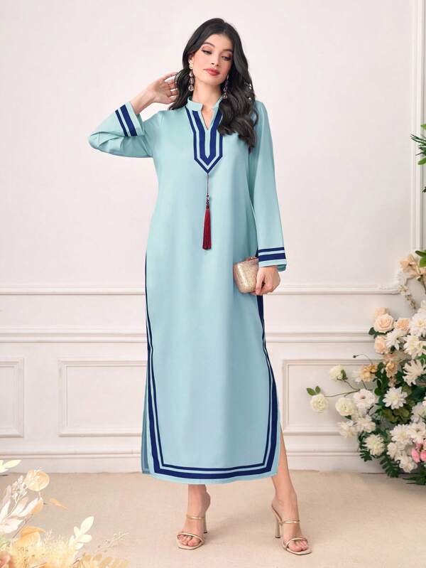 Al Najma Striped Print Tassel Detail Split Hem Modest Long Sleeve Dress, Kaftan