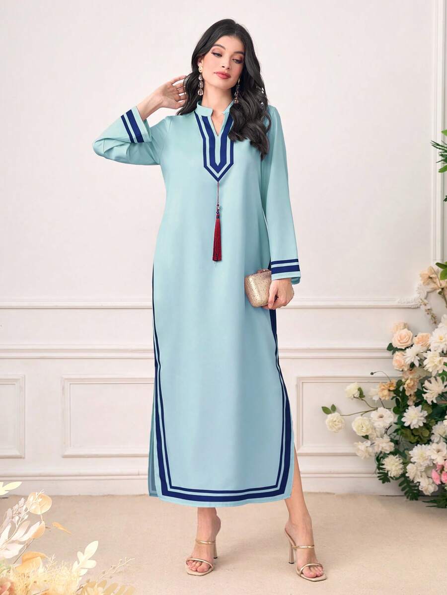 Al Najma Striped Print Tassel Detail Split Hem Modest Long Sleeve Dress, Kaftan