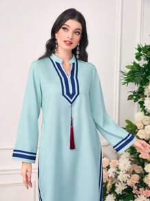 Al Najma Striped Print Tassel Detail Split Hem Modest Long Sleeve Dress, Kaftan