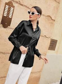 Modelyn Camisa con botones delanteros unicolor, blusas de manga larga - Negro - Ver 4