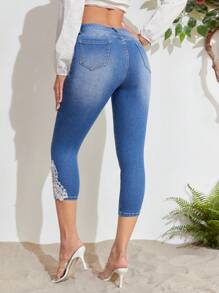 SHEIN Unity 凸花蕾絲貼花緊身七分牛仔褲 - 中等水洗藍 - 查看 2