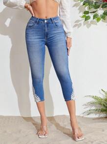 SHEIN Unity 凸花蕾絲貼花緊身七分牛仔褲 - 中等水洗藍 - 查看 4